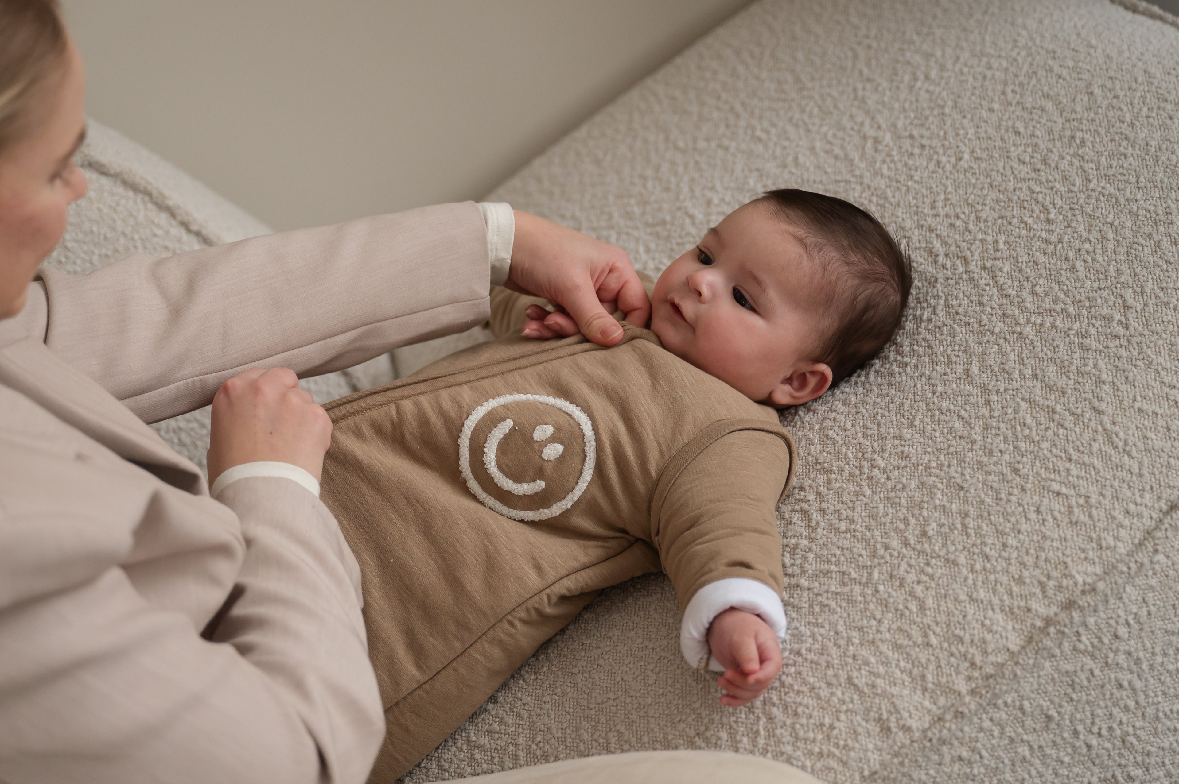 Slaapzak afritsbare mouw Slub Smile Taupe/Offwhite