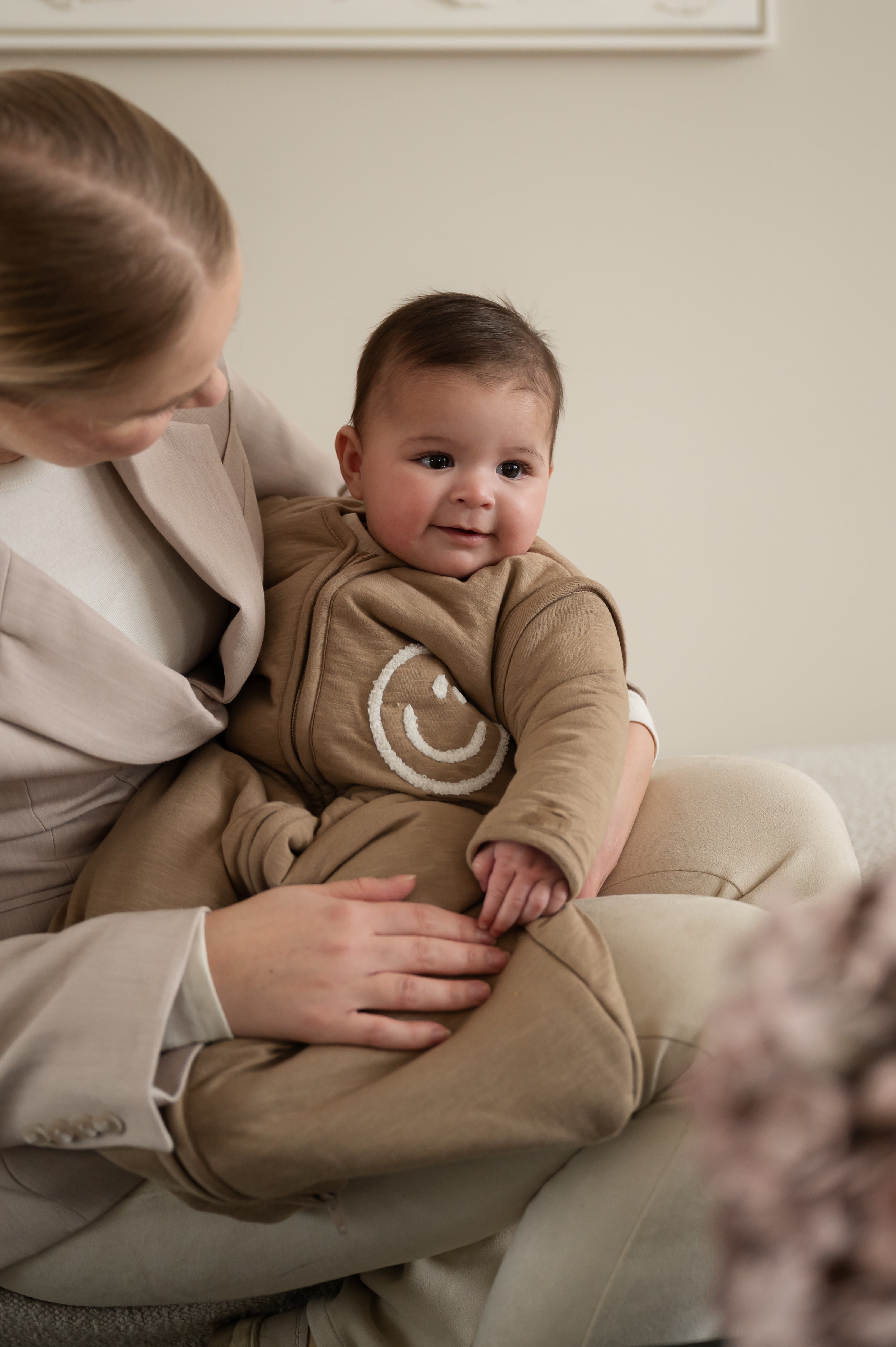 Slaapzak afritsbare mouw Slub Smile Taupe/Offwhite