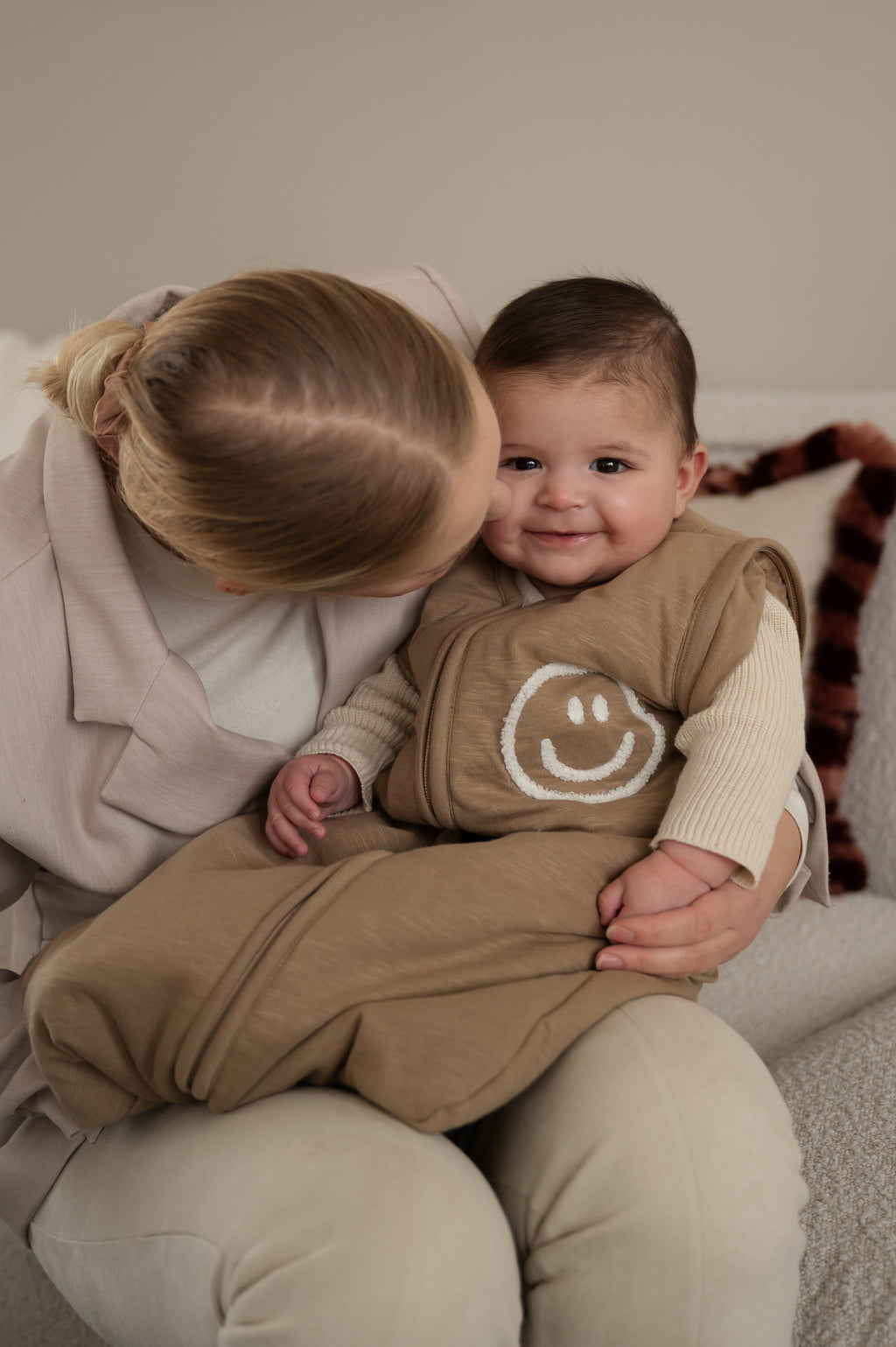 Slaapzak afritsbare mouw Slub Smile Taupe/Offwhite