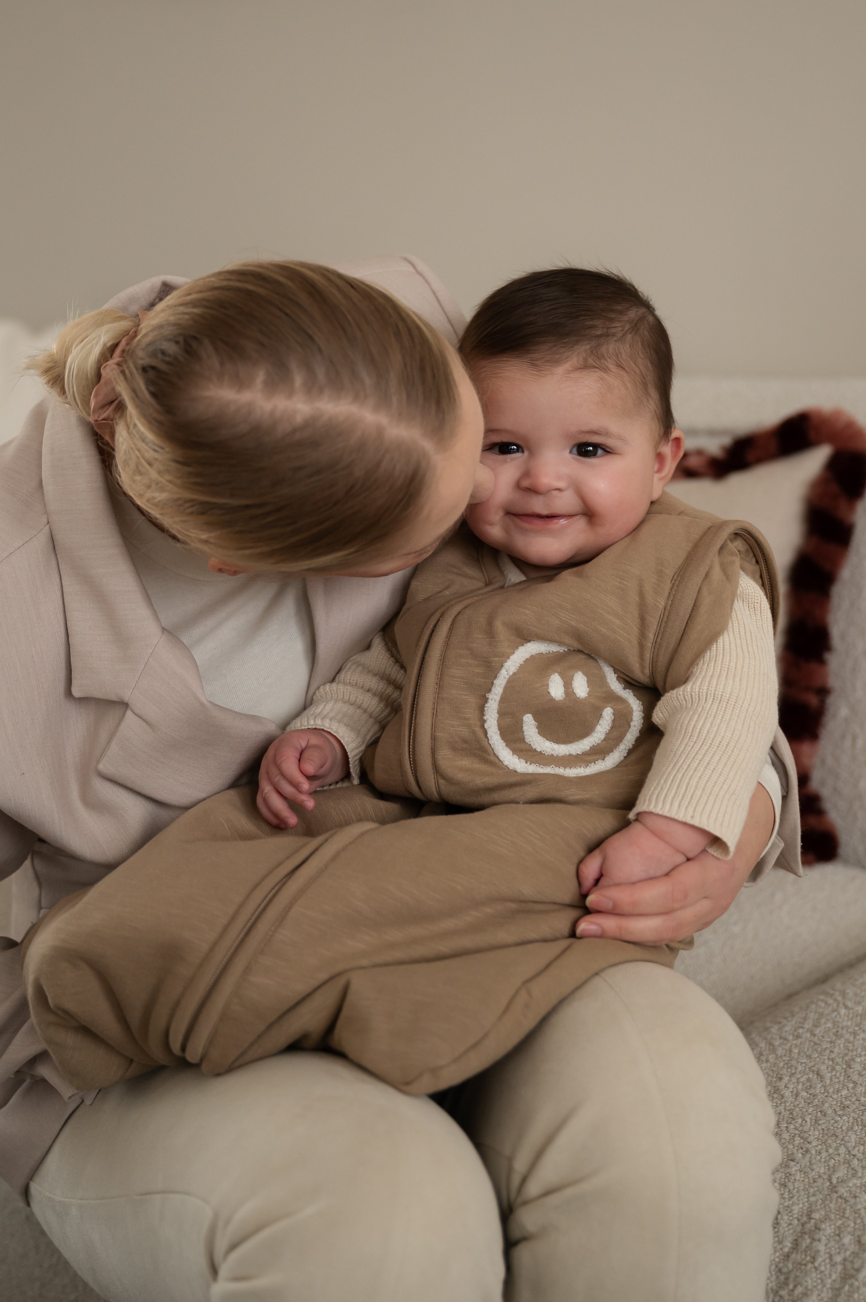 Slaapzak afritsbare mouw Slub Smile Taupe/Offwhite